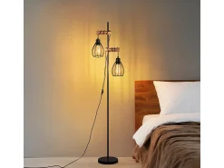 NETTLIFE Lámpara De Pie^Lámpara de pie para salón, color : lámpara de pie industrial de metal y madera, E27, 2 luces, pantalla de jaula, 152 cm (sin bombilla). Negro