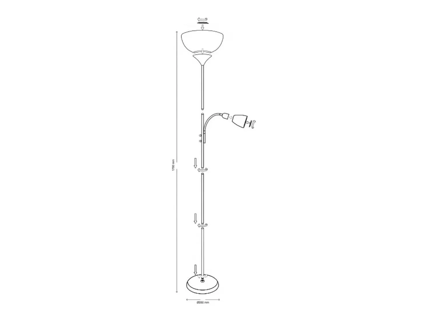 Outlet Lámpara de pie Torino Bel Air 80W + brazo orientable plata Ø25x179 cm Plateado