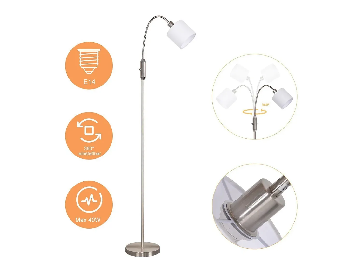 Sale NETTLIFE Lámpara de pie vintage negra de tela con arco giratorio de 360° para una iluminación suave y decorativa Negro