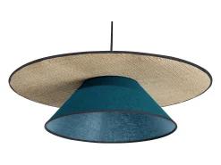 Miliboo Lámpara Suspendida^Lámpara de techo de lino pavo real y rafia natural 55 cm AZAMI Azul