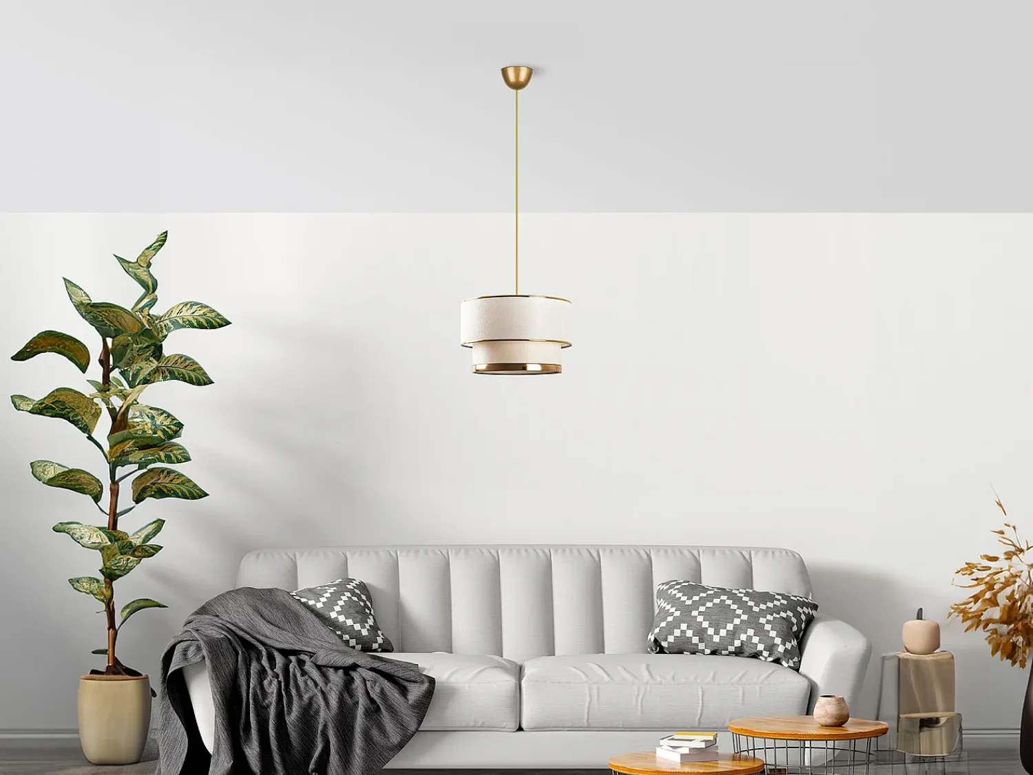 OZAIA Lámpara Suspendida^Lámpara de techo de metal - D.30 x Alt. 65 cm - Dorado y beige - RAYONA Beige / Dorado