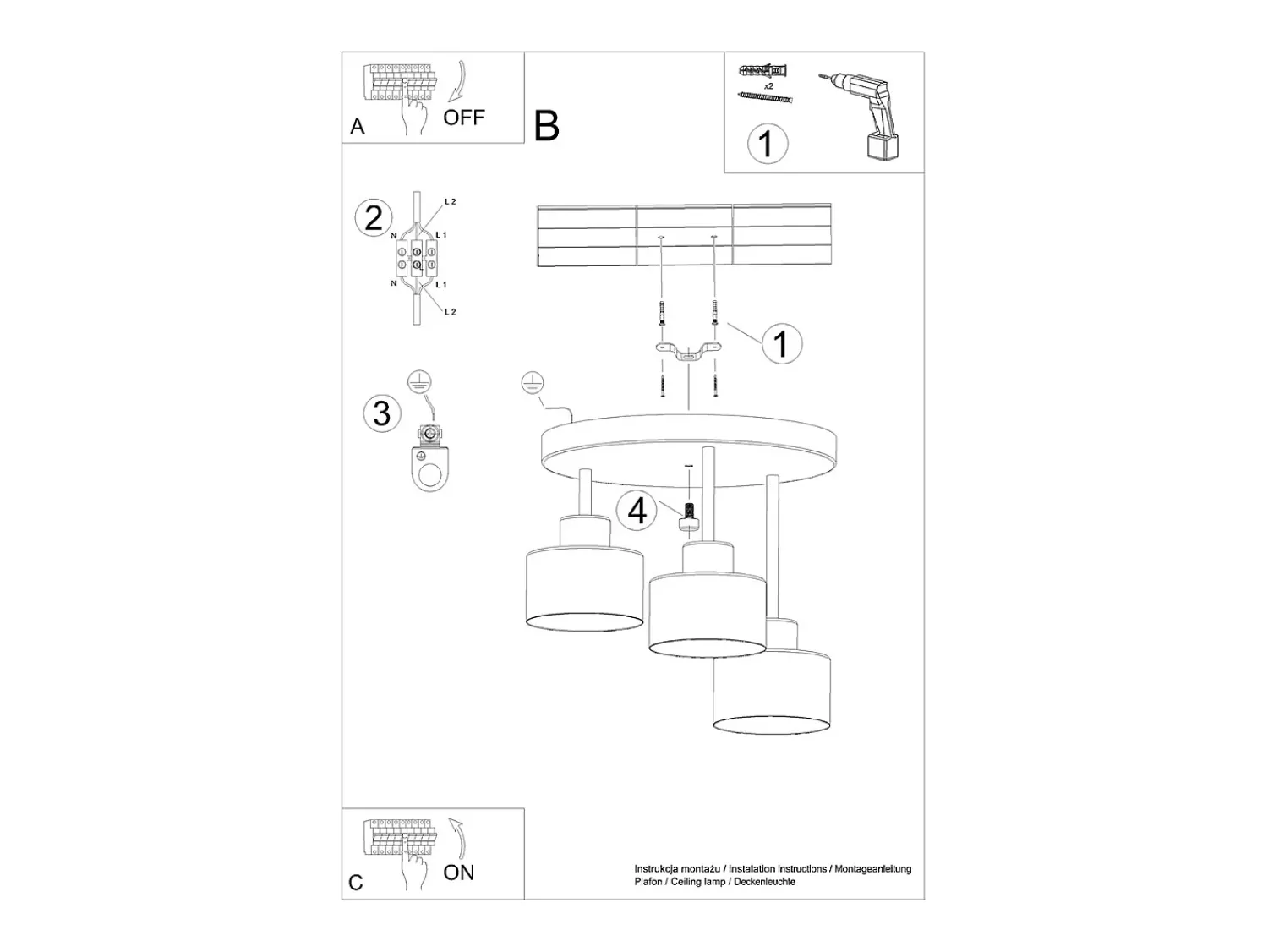 Sollux Lighting Plafón^Lámparas de techo Zavros moderno de acero - 3 fuentes luminosas 4000K - L.32 x A.29 cm - Negro