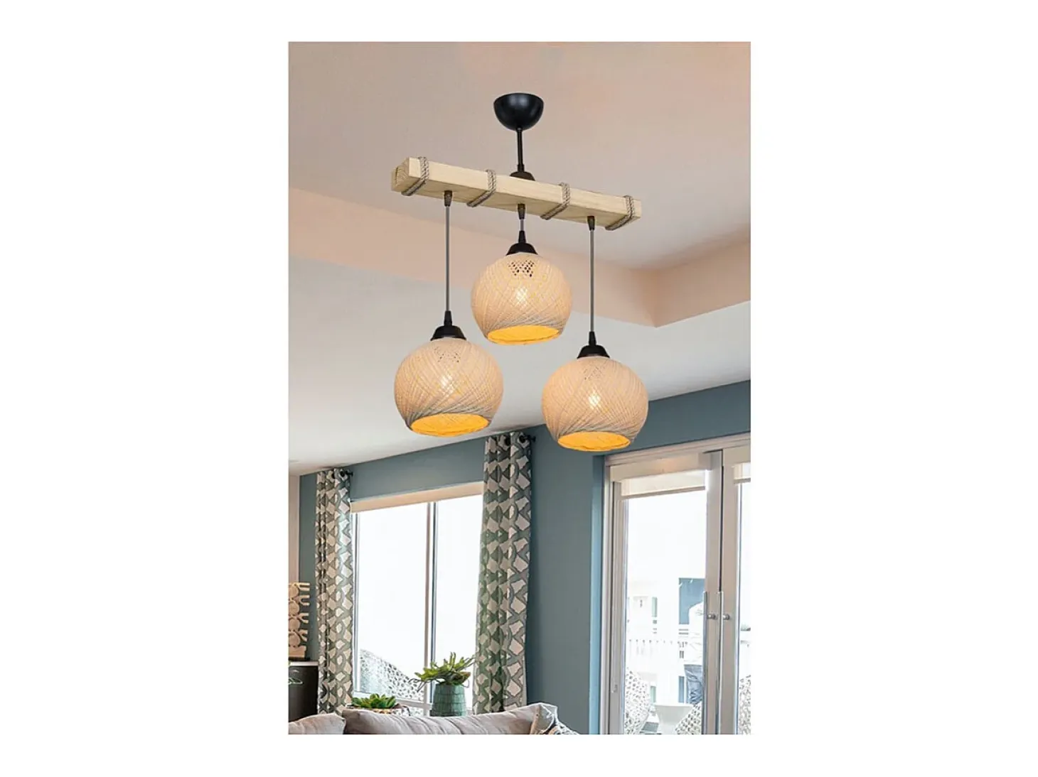 Luminaria Colgante Fiona E27 Crema Natural 50x20x63 Cm Con Tres Bombillas 60W