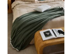 Manta en borreguito y gasa de algodón, 130cm verde kaki