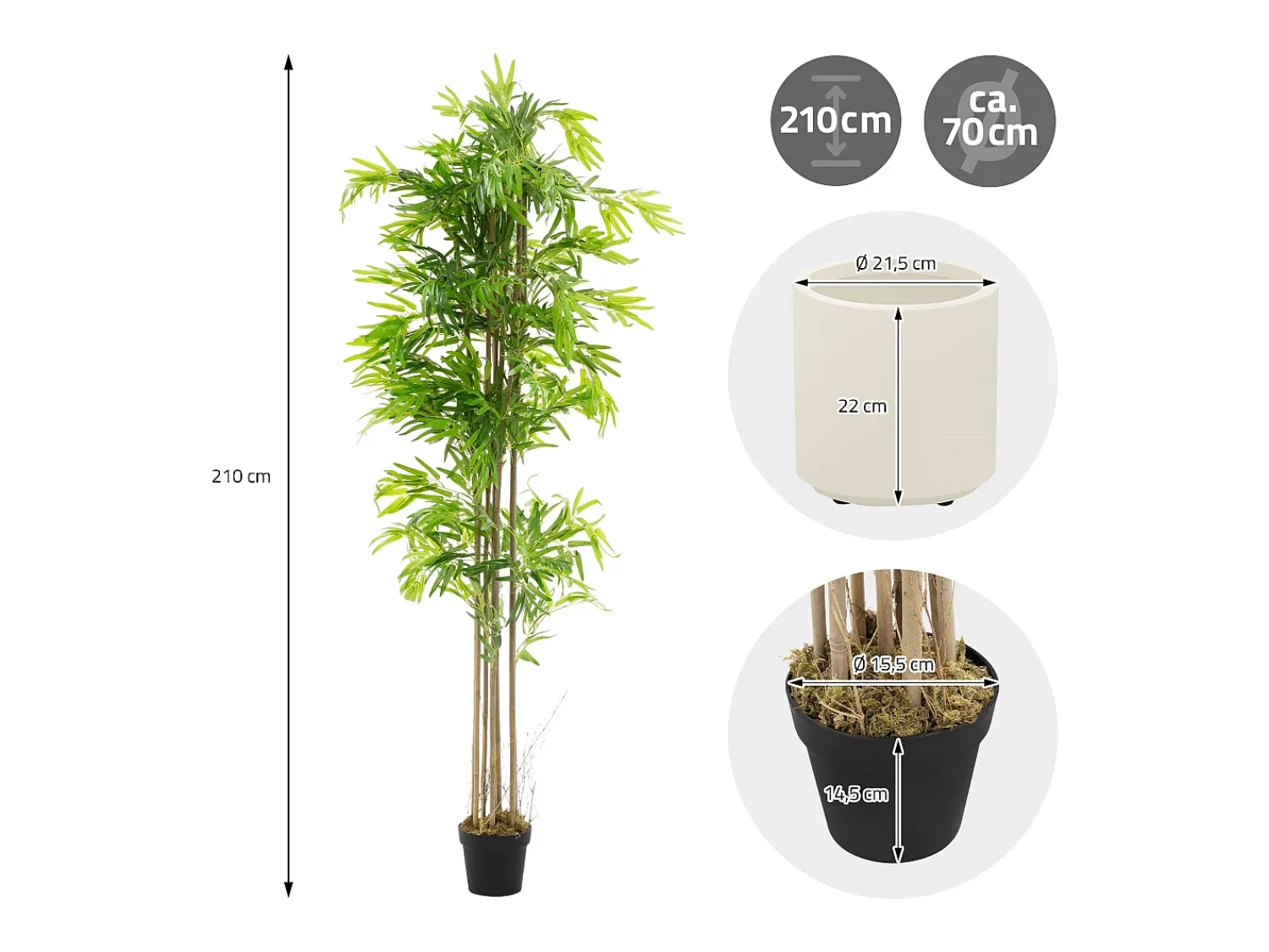 New ML-DESIGN Bambú artificial 210 cm, Planta artificial grande, Planta artificial con tallo de madera auténtica Verde