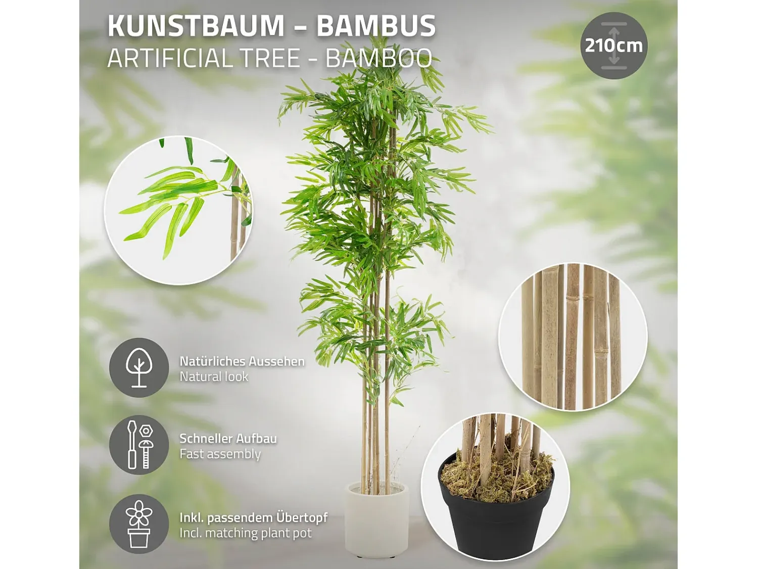 New ML-DESIGN Bambú artificial 210 cm, Planta artificial grande, Planta artificial con tallo de madera auténtica Verde