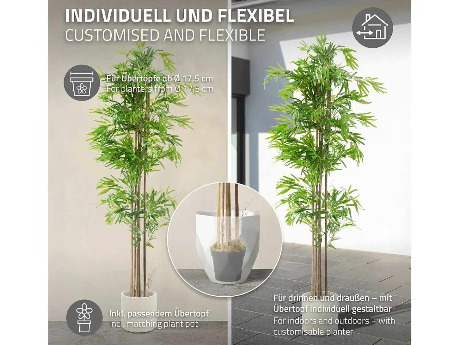 New ML-DESIGN Bambú artificial 210 cm, Planta artificial grande, Planta artificial con tallo de madera auténtica Verde