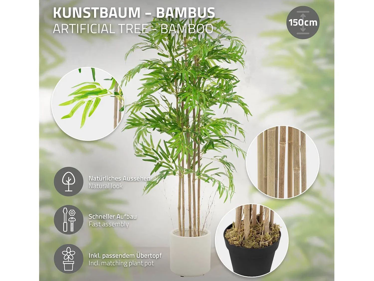 Sale ML-DESIGN Bambú artificial 150 cm, Planta artificial grande, Planta artificial con tallo de madera auténtica Verde