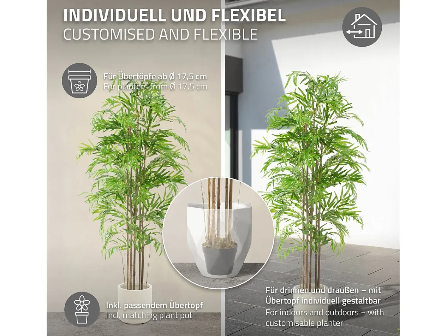 ML-DESIGN Planta Artificial^Bambú artificial 180 cm, Planta artificial grande, Planta artificial con tallo de madera auténtica Verde