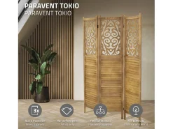 ML-DESIGN Biombo divisorio de 3 paneles modelo tokio de madera natural 170 x 121 cm, separador de ambientes plegable japonés, pantalla de privacidad Marru00f3n