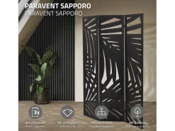 ML-DESIGN Biombo^Biombo divisorio de 3 paneles modelo Sapporo de madera negra 170 x 121 cm, separador de ambientes plegable japonés, pantalla de privacidad Negro