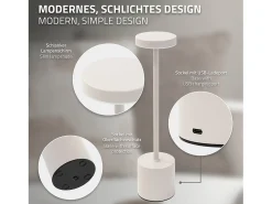 ML-DESIGN Lámpara De Mesa^Lámpara de mesa LED táctil inalámbrica Ø8x34,5cm foco de luz blanca regulable, recargable con USB-C para mesita, escritorio o estudio Crema