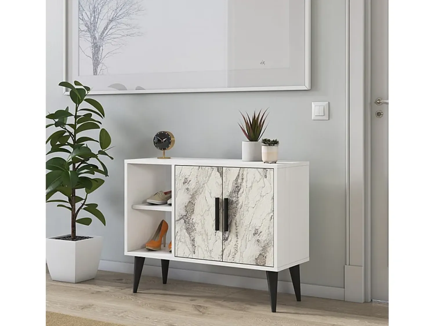Vajilla^Mueble zapatero moderno para recibidor y salón 90x35x70cm Arizona - Efecto mármol Blanco