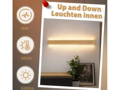 Hot NETTLIFE - Lámpara de pared LED de madera para interiores (100 cm, 36 W, luz indirecta, arriba y abajo, blanco cálido de 3000 K) Marru00f3n