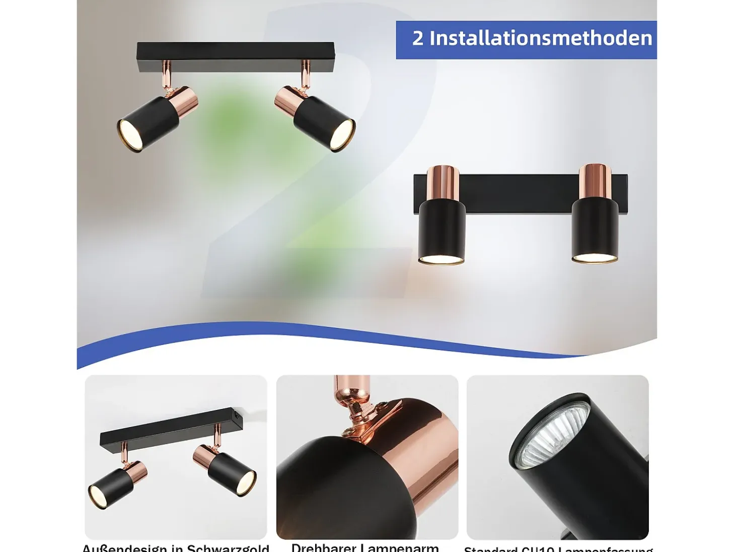 NETTLIFE Foco para techo negro GU10 - 2, lámpara de cocina con llama rotativa de 355° moderna industrial.