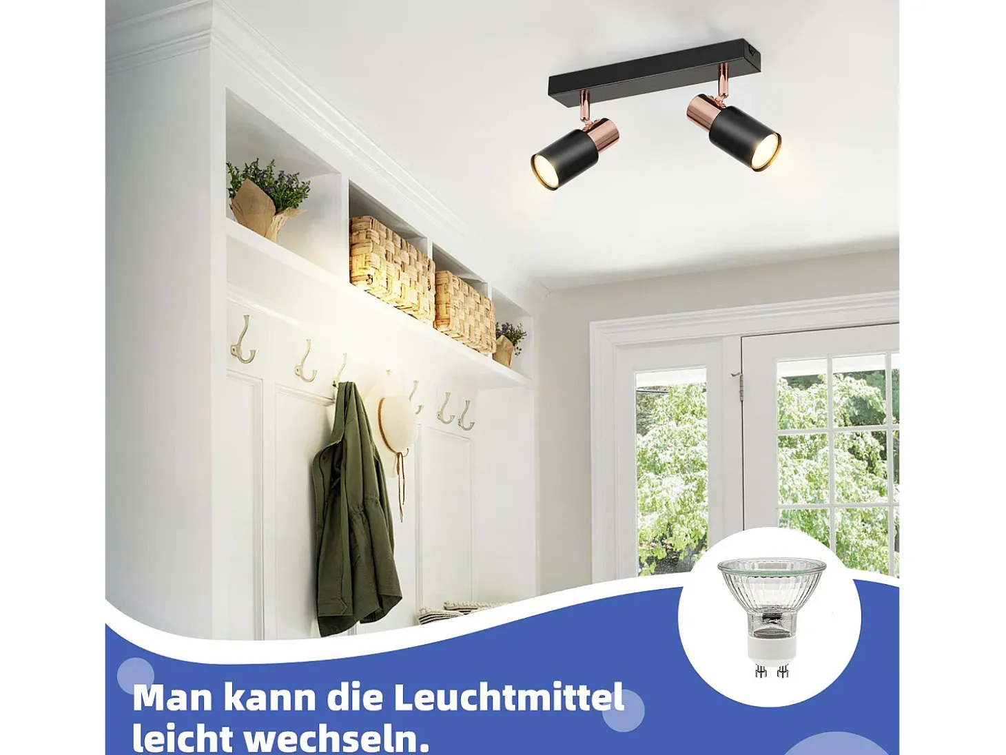 NETTLIFE Foco para techo negro GU10 - 2, lámpara de cocina con llama rotativa de 355° moderna industrial.