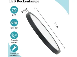 NETTLIFE Plafón^LED - Luces de techo, planas, 30 cm - 24 W, , 6000 K - Iluminación moderna para la cocina, el pasillo y el dormitorio. Negro