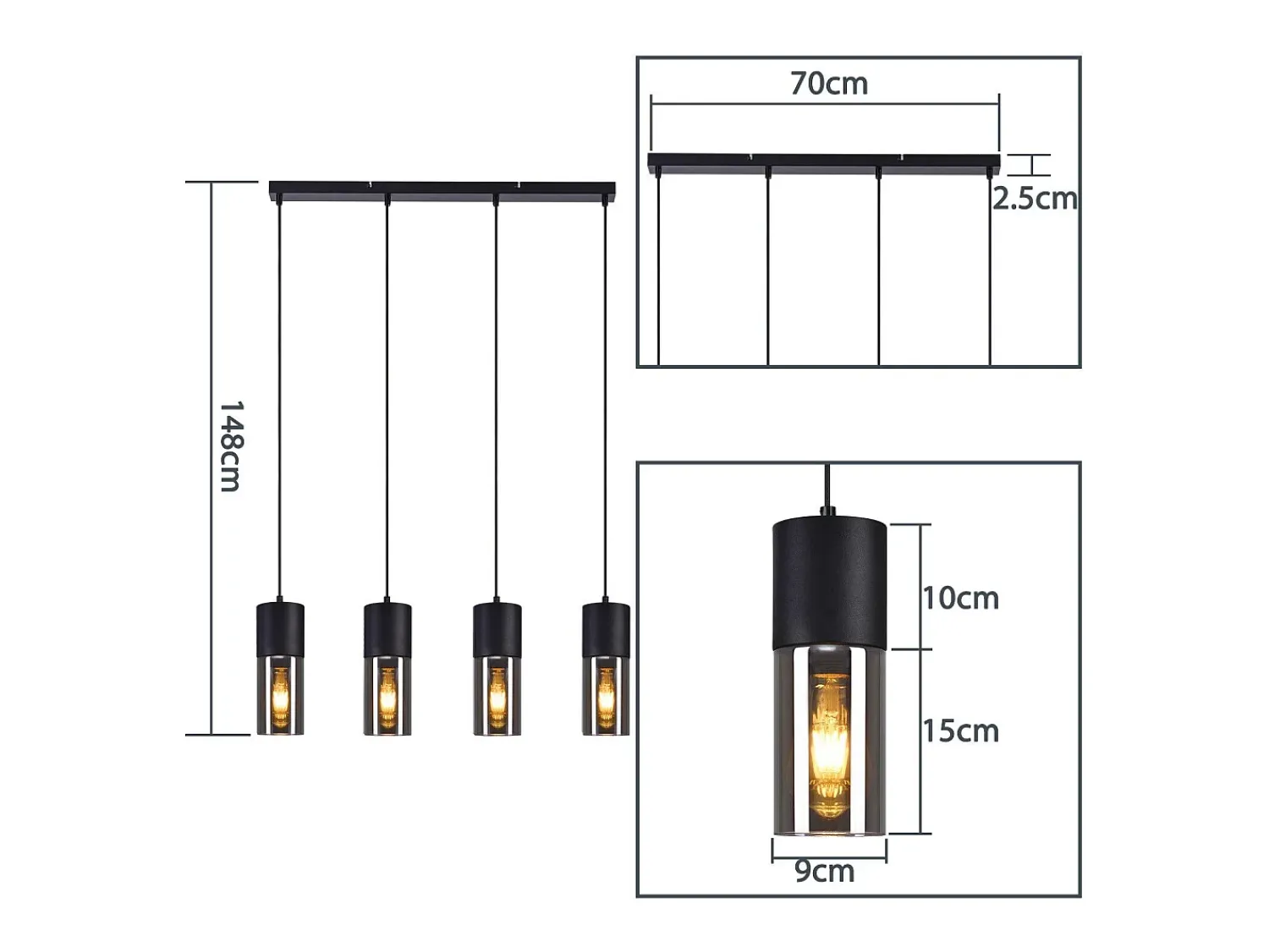 Best NETTLIFE Lámpara colgante para mesa de comedor, E27, 4 llamas, LED ajustable, pantalla de cristal moderna Negro