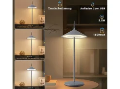 New NETTLIFE Lámpara de mesa inalámbrica, lámpara de noche LED con batería de 1800 mhA, recargable, táctil, regulable, moderna, IP44 con USB Gris