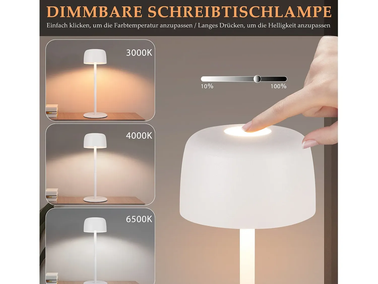 New NETTLIFE Lámpara de mesa LED inalámbrica, lámpara de noche continua con batería Blanco