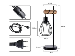 Sale NETTLIFE Lámpara de mesa salón vintage madera: lámpara de noche negra 1 luz diseño industrial metal casquillo e27 sin bombilla Negro
