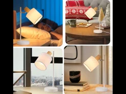 Outlet NETTLIFE Lámpara de noche vintage de madera 35,5cm E14 blanca Pantalla de tela con interruptor Ajustable sin bombilla Blanco