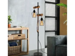 NETTLIFE Lámpara de pie de salón vintage, en madera con 2 llamas en diseño industrial de metal interruptor negro E27 - altura: 151 cm - sin bombilla