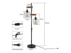 NETTLIFE Lámpara de pie de salón vintage, en madera con 2 llamas en diseño industrial de metal interruptor negro E27 - altura: 151 cm - sin bombilla
