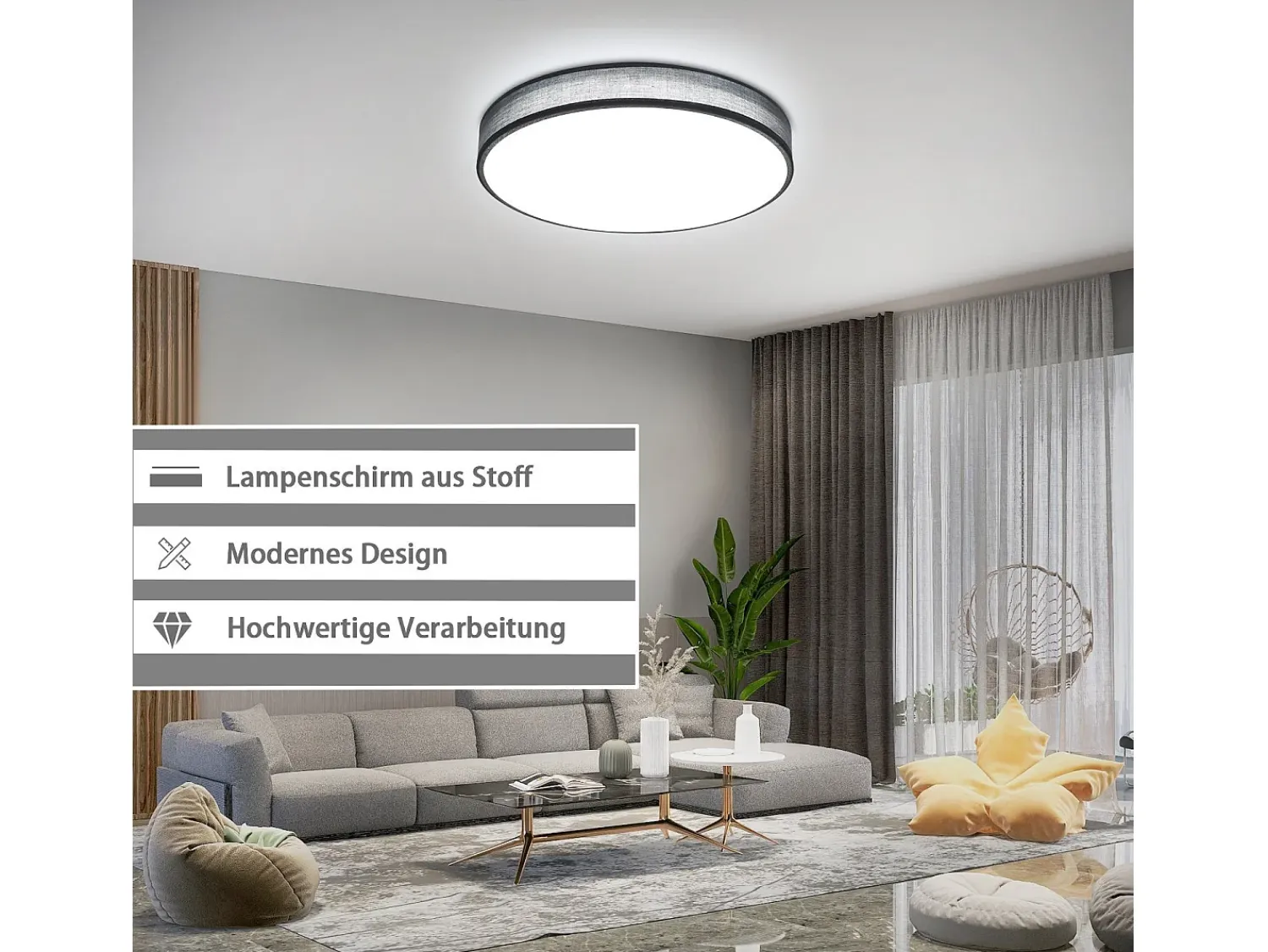 Outlet NETTLIFE Lámpara de Techo LED 38W Redonda Moderna Regulable con Control Remoto Lámpara de Dormitorio con Pantalla de Tela Lámpara de para Gris