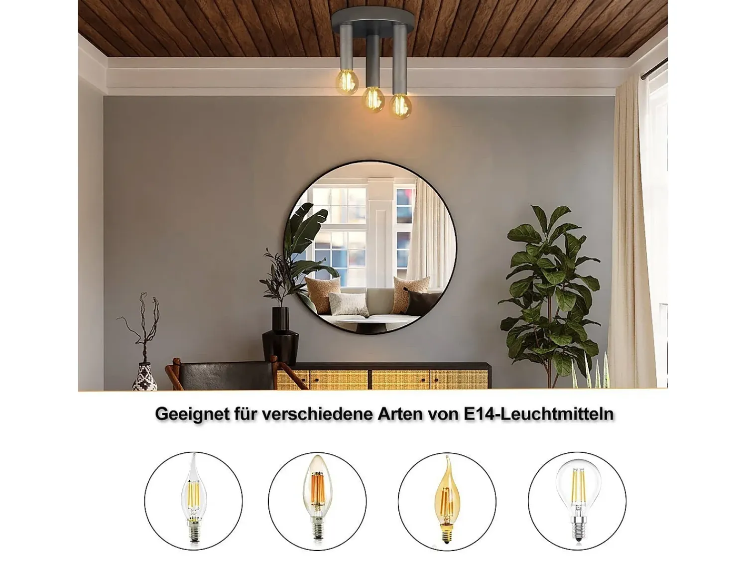 Clearance NETTLIFE Lámpara de Techo Vintage E14 de 3 Focos Lámpara de Dormitorio Gris Industrial Retro con araña de Metal para Sala de Estar Bar, máx. 25W Negro