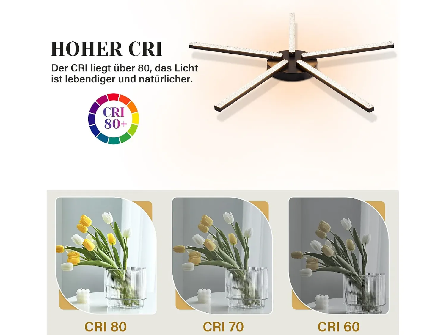 NETTLIFE Plafón^Lámpara de Techo LED Salón 25" 24W Cocina Moderno 5 Bombillas Diseño Pasillo Blanco Cálido Cristal Dormitorio para Cocina Negro