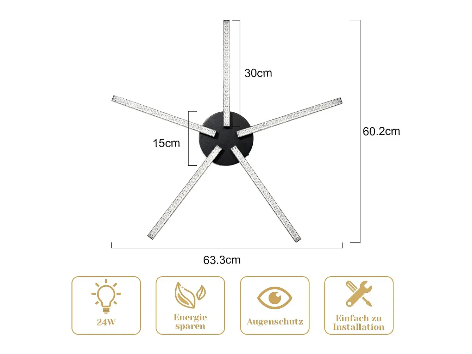NETTLIFE Plafón^Lámpara de Techo LED Salón 25" 24W Cocina Moderno 5 Bombillas Diseño Pasillo Blanco Cálido Cristal Dormitorio para Cocina Negro