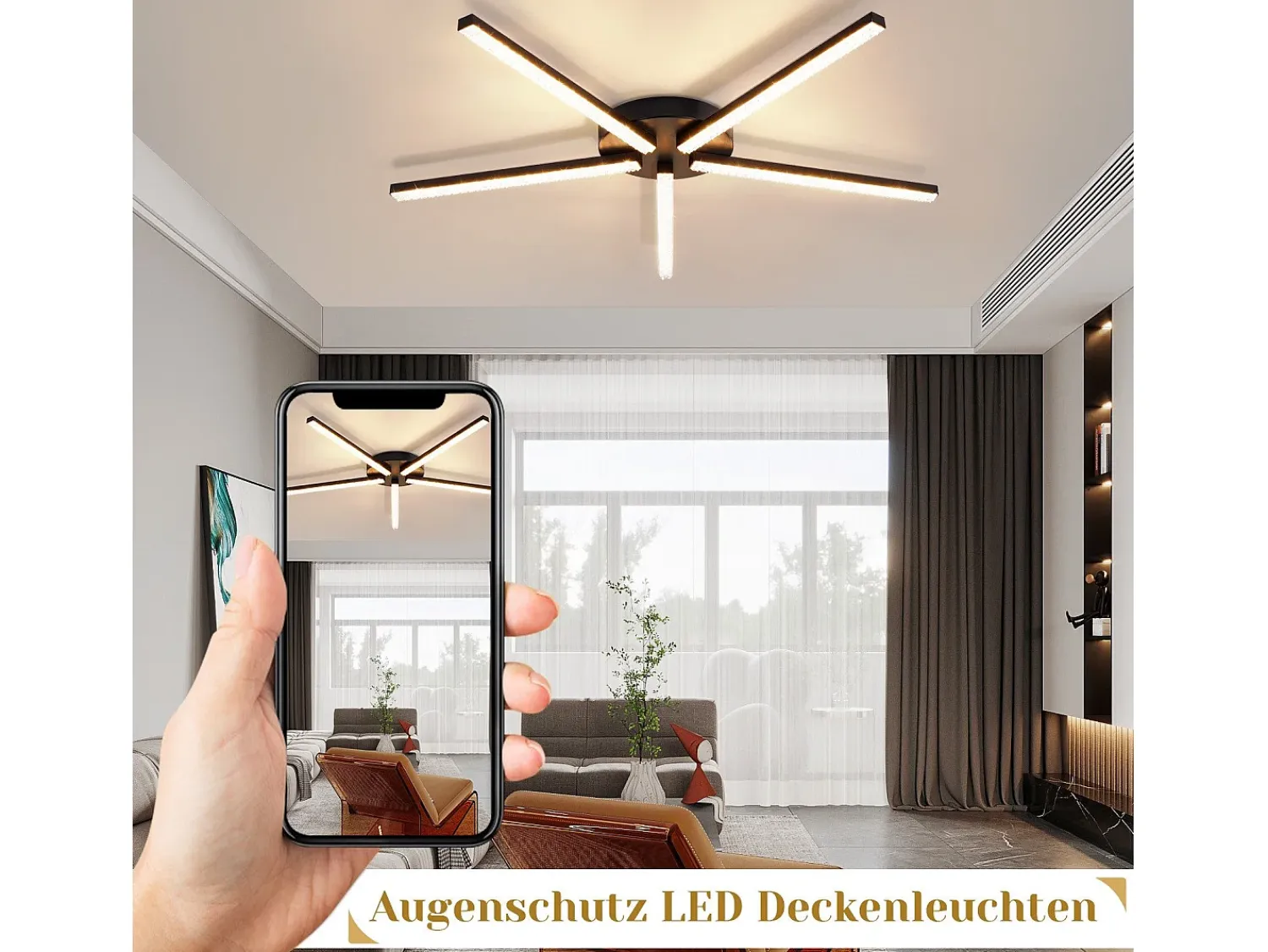 NETTLIFE Plafón^Lámpara de Techo LED Salón 25" 24W Cocina Moderno 5 Bombillas Diseño Pasillo Blanco Cálido Cristal Dormitorio para Cocina Negro