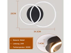 NETTLIFE Plafón^Luces LED de techo, lámpara de techo de 24W, diseño moderno redondo, blanco cálido 3000K, , 2 anillos. Negro