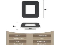 NETTLIFE Plafón^Luz de techo LED 23W 24cm lámpara de cocina blanca cálida diseño moderno lámpara cuadrada de dormitorio pasillo para sala de estar Negro