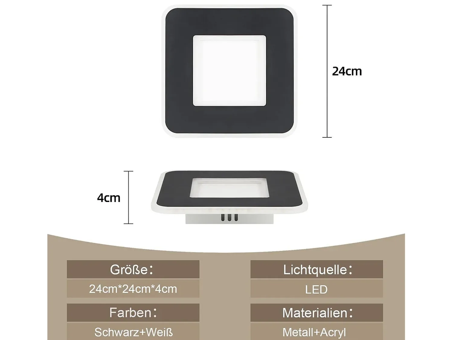 NETTLIFE Plafón^Luz de techo LED 23W 24cm lámpara de cocina blanca cálida diseño moderno lámpara cuadrada de dormitorio pasillo para sala de estar Negro