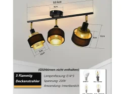 Clearance NETTLIFE Plafón de 3 focos E14 vintage con llama retro dormitorio en metal dorado ajustable industrial para cocina Negro