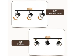 NETTLIFE Plafón^Plafón LED de 3 llama - Plafón GU10 Foco giratorio Aplique de madera Foco de pared para salón dormitorio Sin bombilla Negro