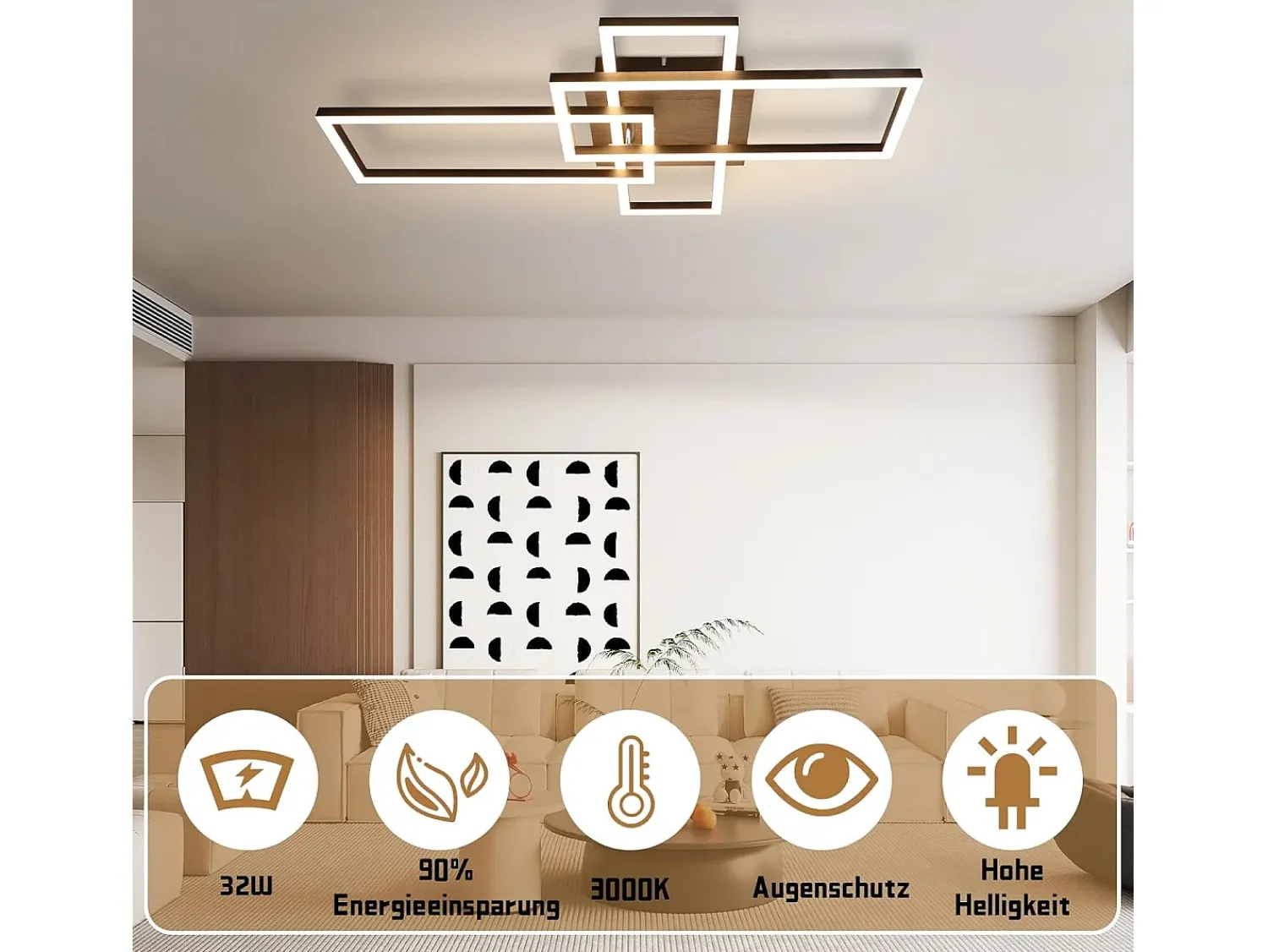 NETTLIFE Plafón^Plafón LED 3000K de madera negra, lámpara de habitación de diseño moderno, plafón de 32W de luz blanca cálida. Negro