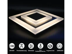 NETTLIFE Plafón^Plafón LED: Lámpara de Salón 30 cm, Lámpara de Cocina Regulable 23 W, Lámpara Moderna con Mando a Distancia para Dormitorio Blanco