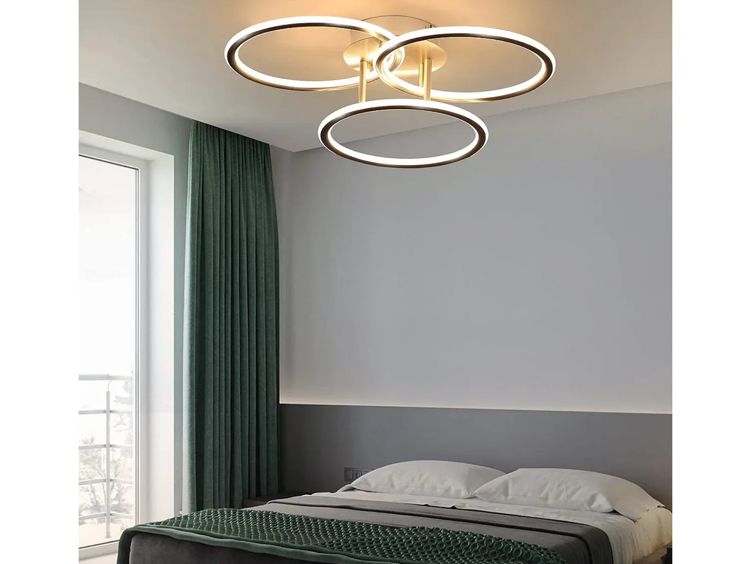 NETTLIFE Plafón^Plafóndido LED Moderno, Diseño de Anillos, Luz Blanca Cálida 3000K, 41W, 3 Llames. Plateado