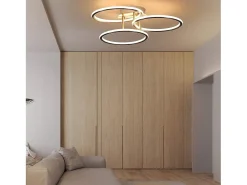 NETTLIFE Plafón^Plafóndido LED Moderno, Diseño de Anillos, Luz Blanca Cálida 3000K, 41W, 3 Llames. Plateado