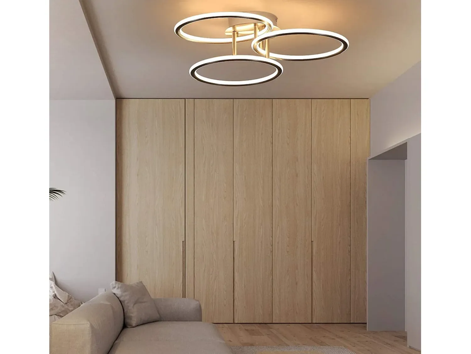 NETTLIFE Plafón^Plafóndido LED Moderno, Diseño de Anillos, Luz Blanca Cálida 3000K, 41W, 3 Llames. Plateado
