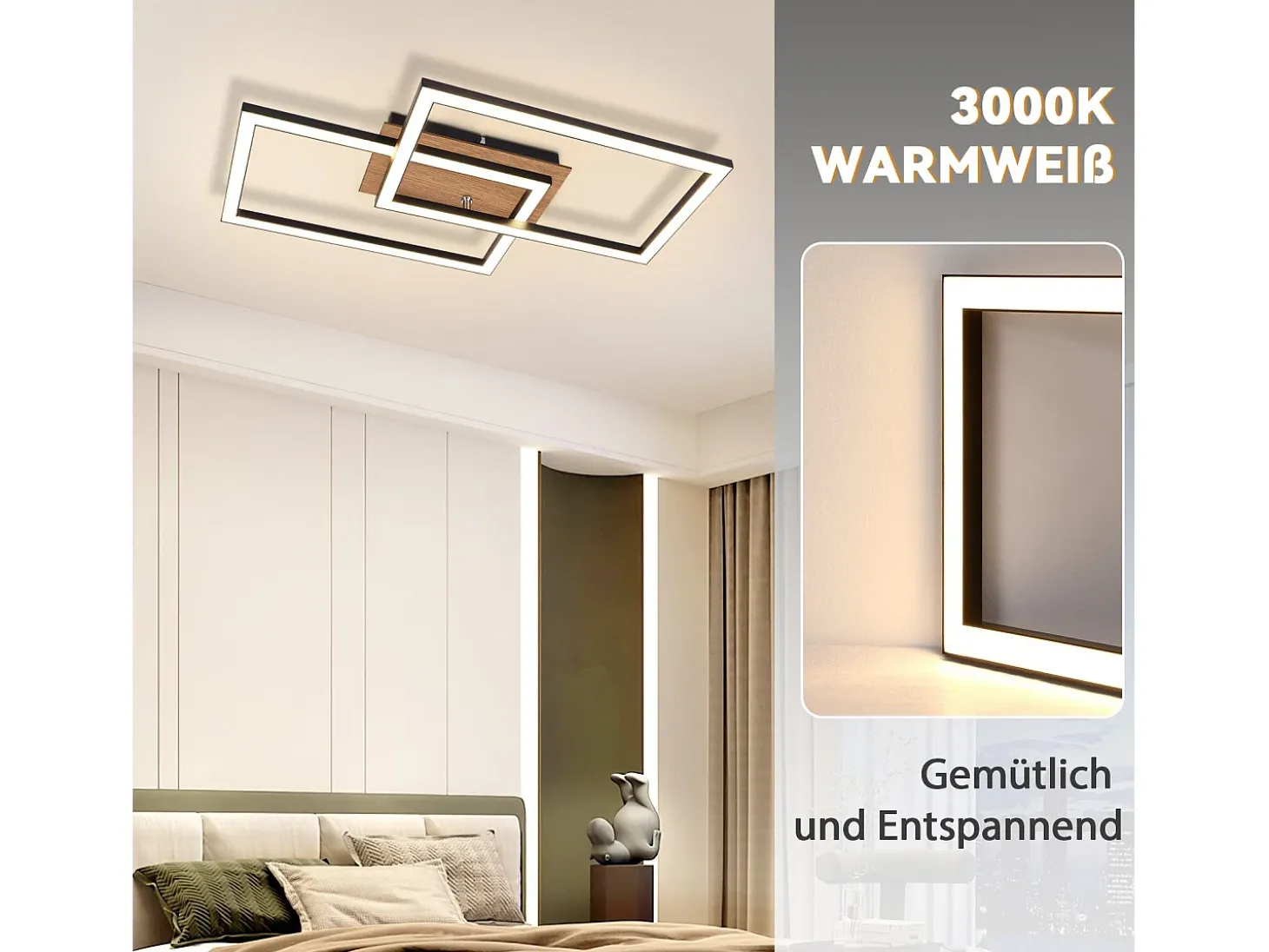 NETTLIFE Plafóndoro LED Moderno, Plafóndoro de Madera, 3000K, Blanco Cálido, Negro, Diseño Rectangular, 24W.