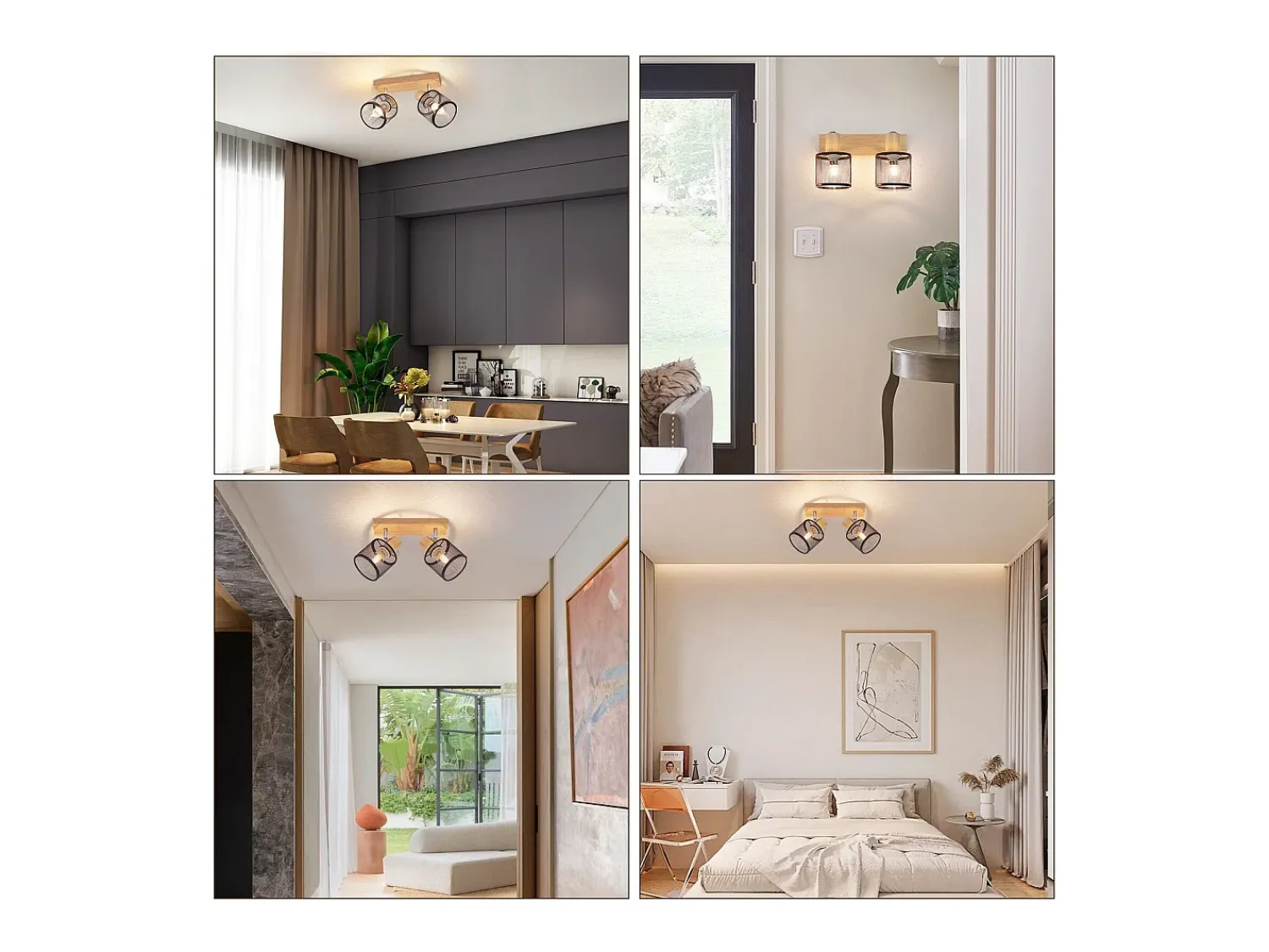 NETTLIFE Plafón^Plafonario de 2 focos, aspecto negro, de madera - plafonario orientable E14 hasta 350°,máximo 4 bombillas de 25w, moderno para sala, dormitorio, cocina. Blanco