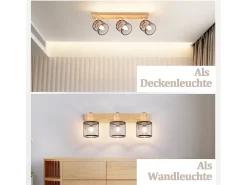 NETTLIFE Plafonario de 3 focos, aspecto negro, de madera - plafonario E14 giratorio 350°，máximo 4 bombillas de 25 w, moderno para salón, dormitorio y cocina.