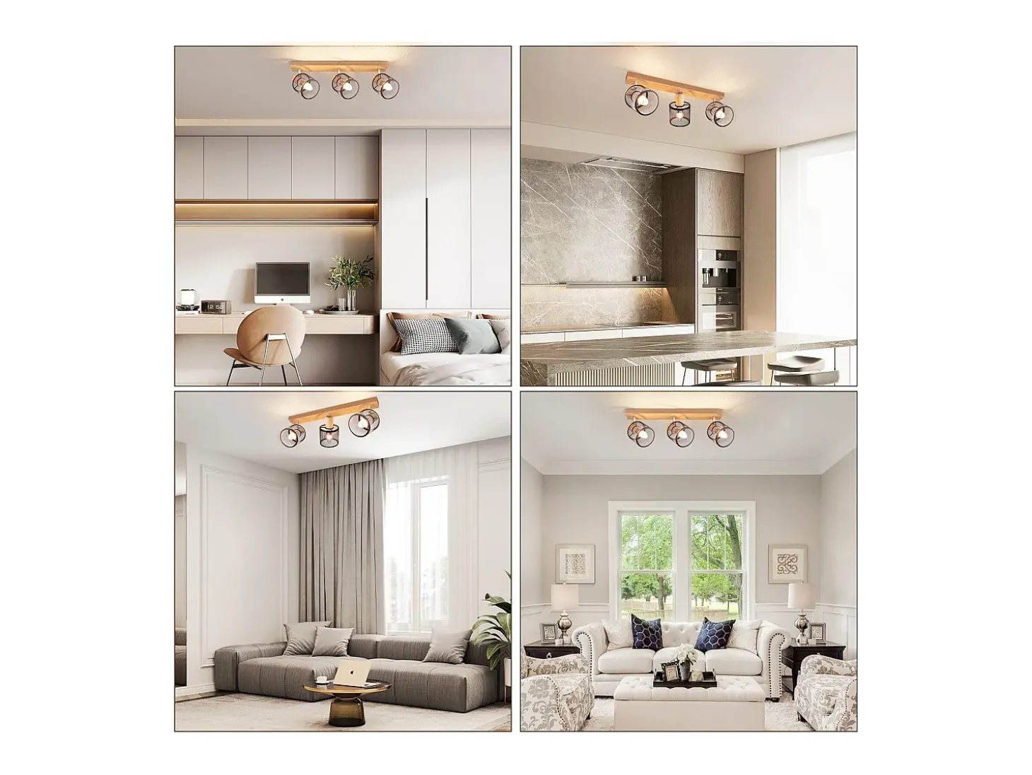 NETTLIFE Plafonario de 3 focos, aspecto negro, de madera - plafonario E14 giratorio 350°,máximo 4 bombillas de 25 w, moderno para salón, dormitorio y cocina.