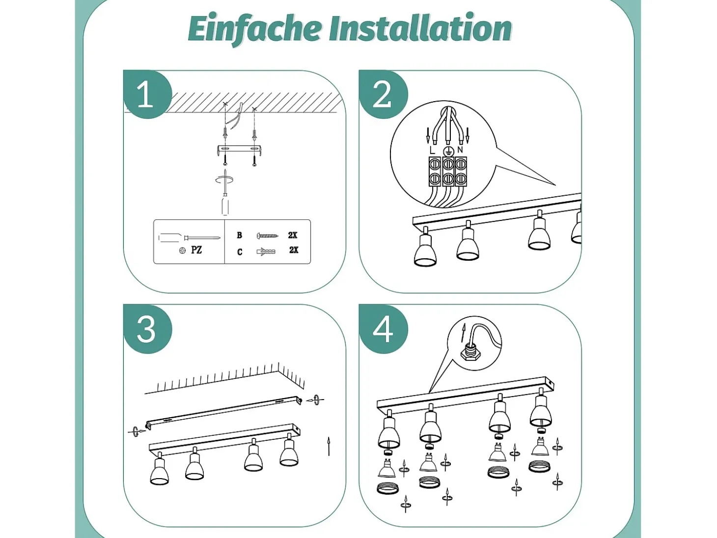 NETTLIFE Plafonario de 4 focos blanco: Plafonario metálico con focos GU10 giratorios para interiores, para cocina, oficina, salón y dormitorio, sin bombillas.
