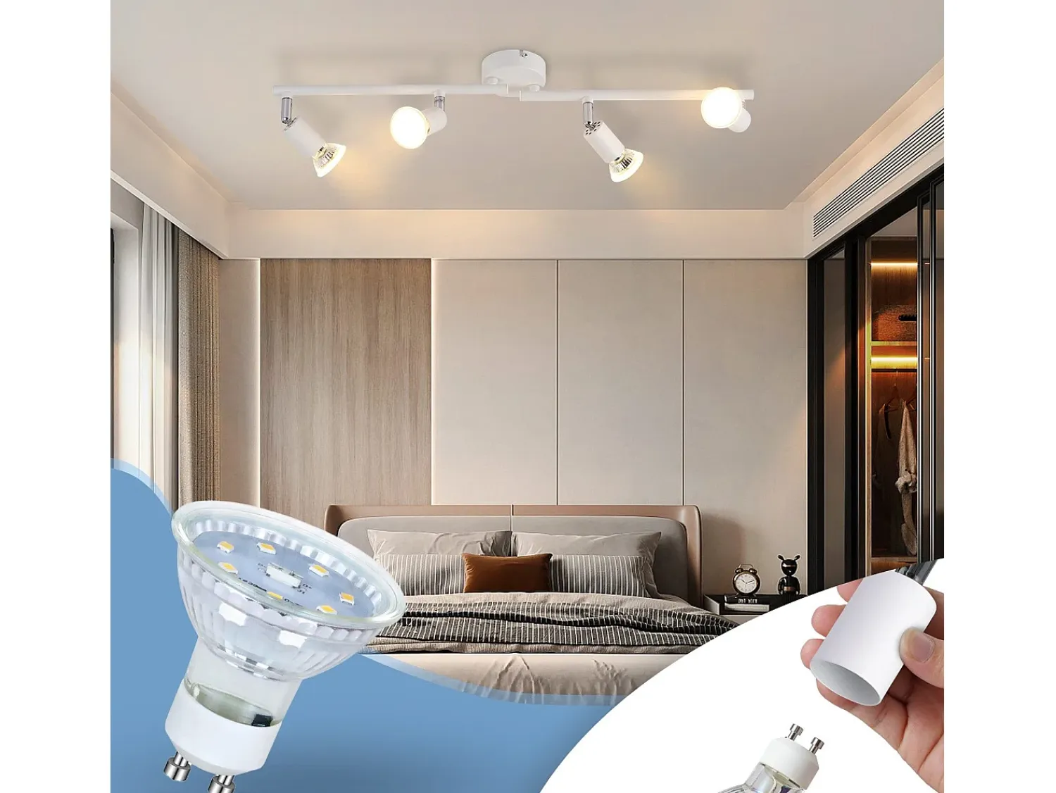 NETTLIFE Plafón^Plafonero LED de 4 bombillas GU10, plafonero moderno con luz de punto para interiores, . Blanco