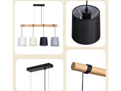 Sale NETTLIFE Suspension 4 Ampollas E27 Vintage Diam.80cm multicolor Madera con Tela pantalla para Comedor, Salón, Oficina Negro